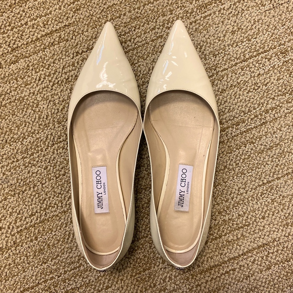 EUC Jimmy Choo Cream patent pointy flats. worn only a few times.